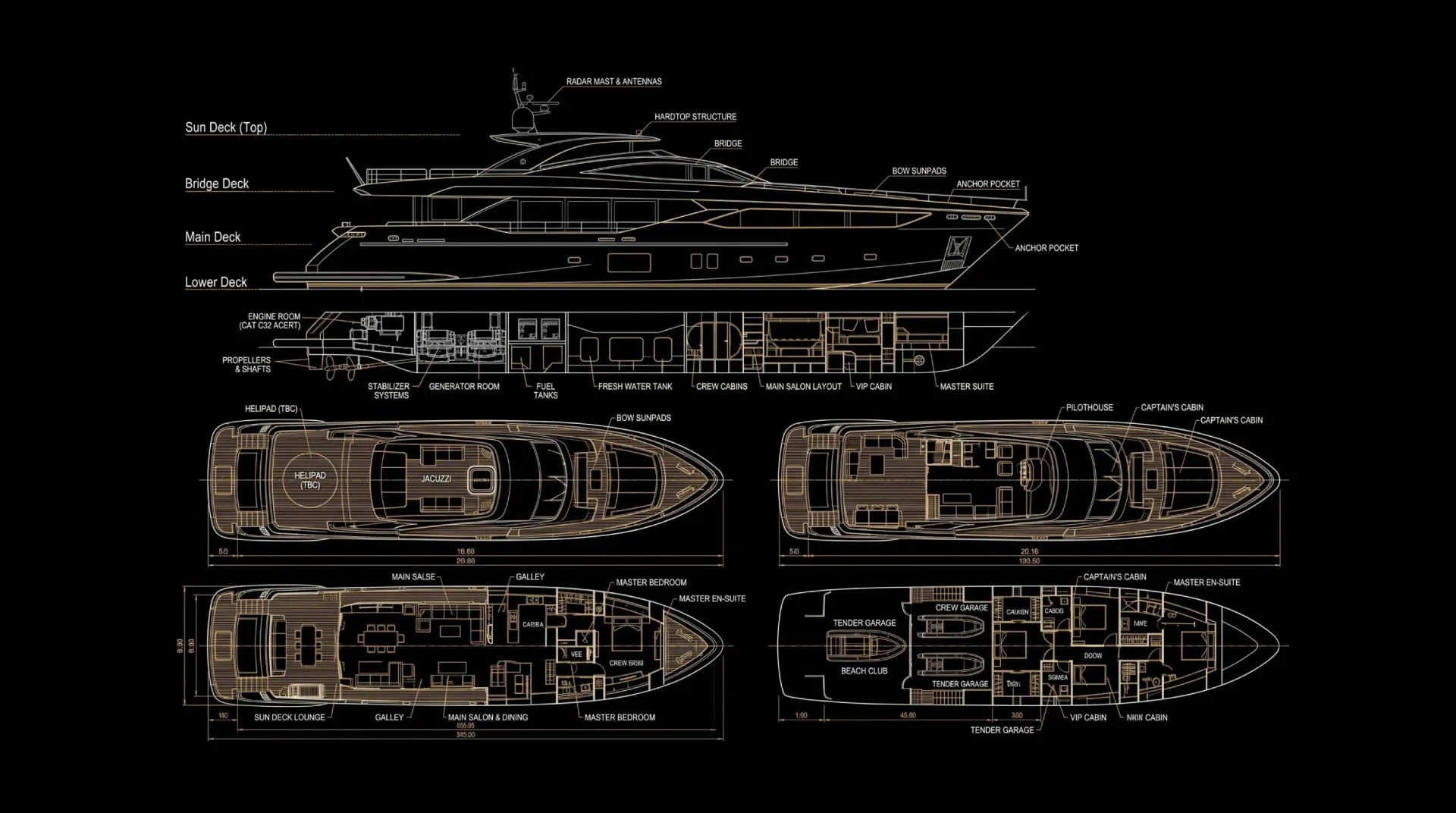 Planos generales de AZURE 42: sun deck, puente, cubierta principal y cubierta inferior
